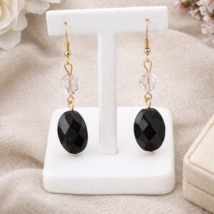 Black Faceted Crystal Drop Earrings | Clear Crystal Accent | 925 Silver Hooks